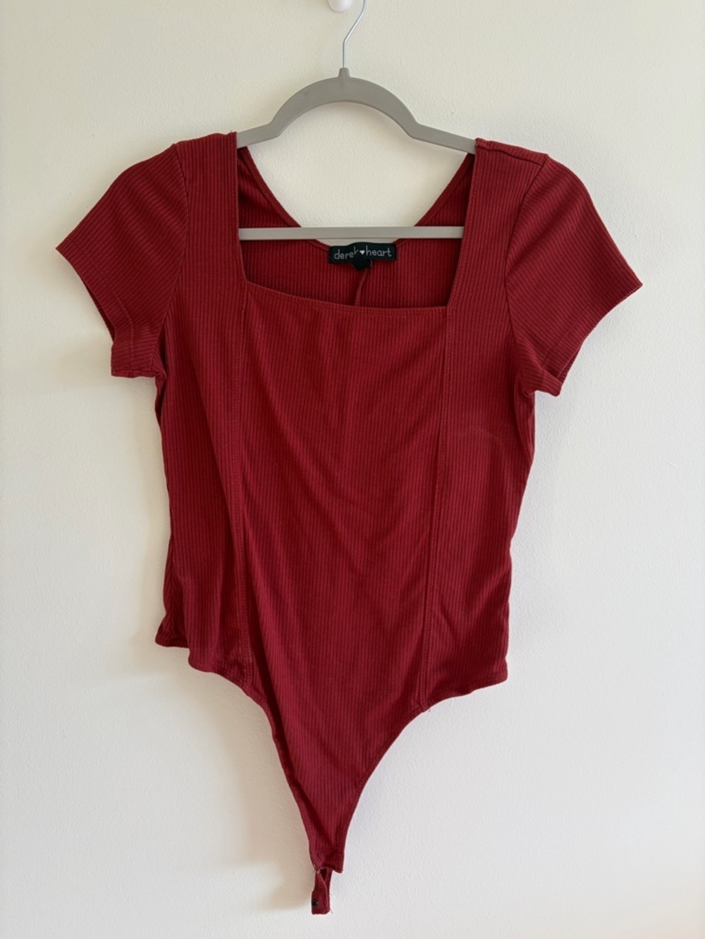 Derek Heart Ribbed Square-Neck Short Sleeve Bodysuit - Deep Red
